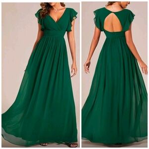 New Flowy Chiffon Open Back Wrap Top Maxi Gown Dress Flutter Sleeve Dark Green